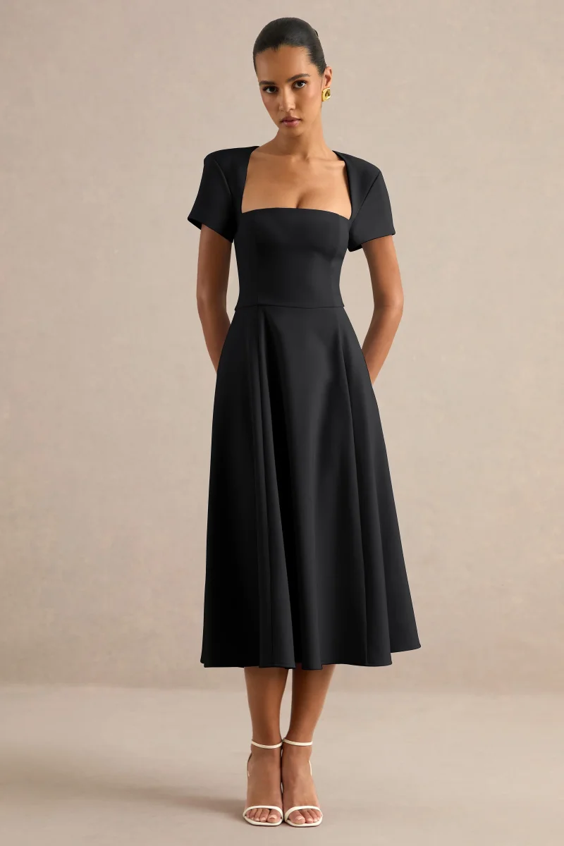 Donia | Vestido Skater Midi Negro Con Cuello Cuadrado - Imagen 6