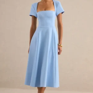 Donia | Vestido Midi Azul Claro De Línea A Con Escote Cuadrado