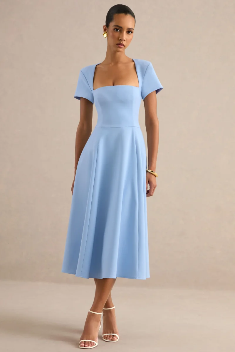 Donia | Vestido Midi Azul Claro De Línea A Con Escote Cuadrado - Imagen 2