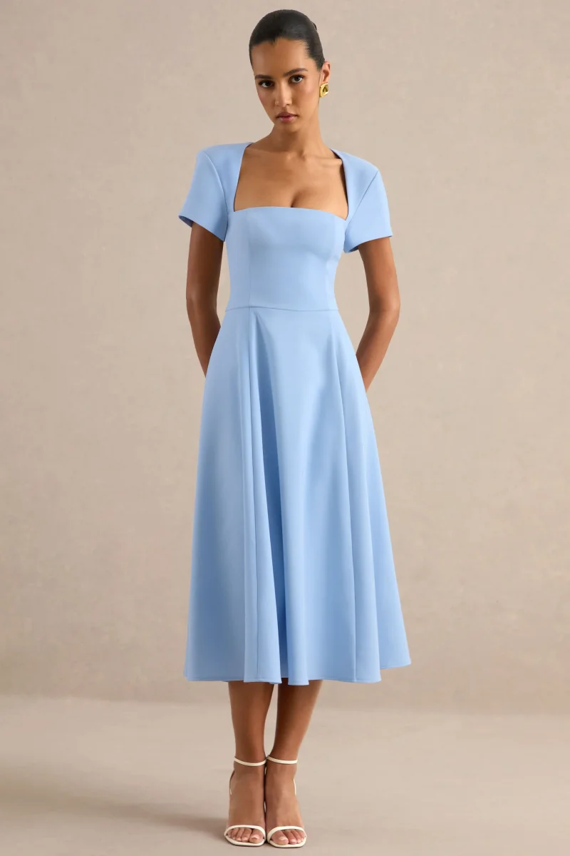 Donia | Vestido Midi Azul Claro De Línea A Con Escote Cuadrado - Imagen 5