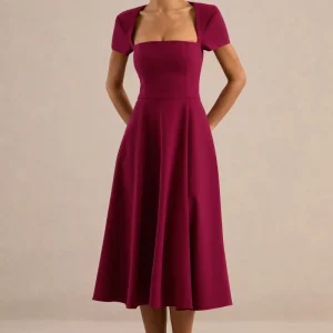 Donia | Vestido midi skater burdeos con escote cuadrado y manga corta