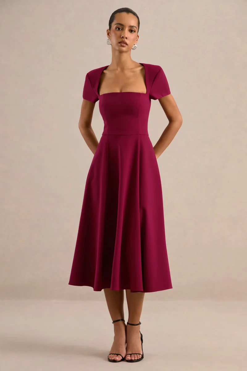 Donia | Vestido midi skater burdeos con escote cuadrado y manga corta - Imagen 2