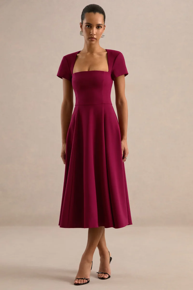 Donia | Vestido midi skater burdeos con escote cuadrado y manga corta - Imagen 5