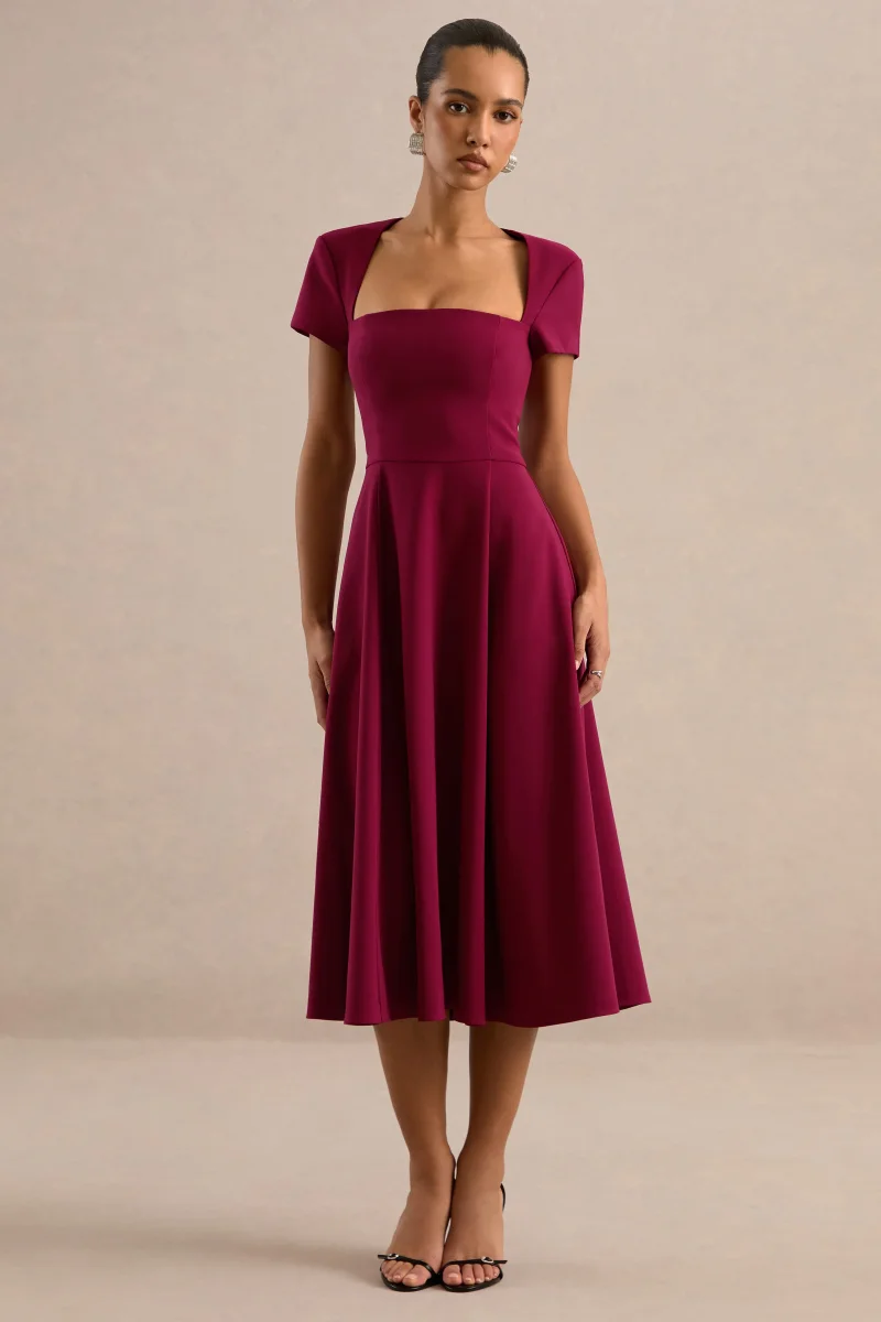 Donia | Vestido midi skater burdeos con escote cuadrado y manga corta - Imagen 7