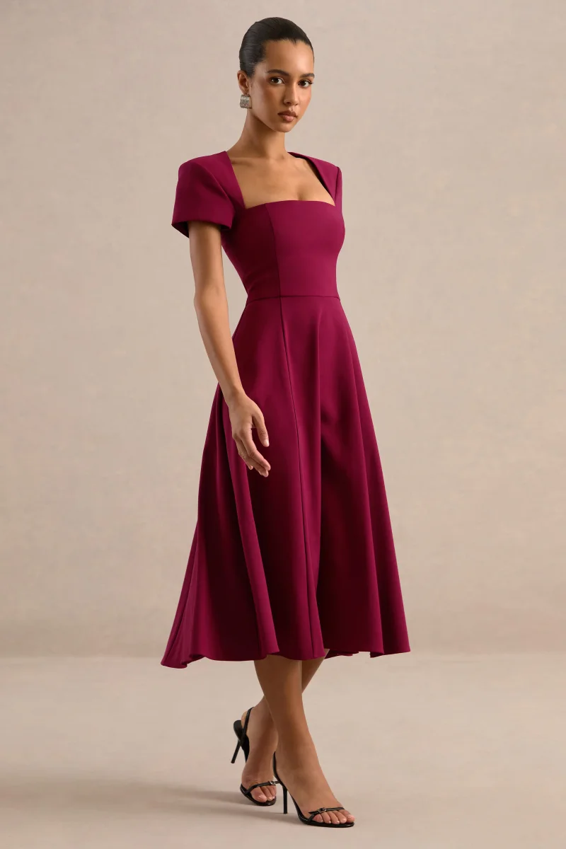 Donia | Vestido midi skater burdeos con escote cuadrado y manga corta - Imagen 4