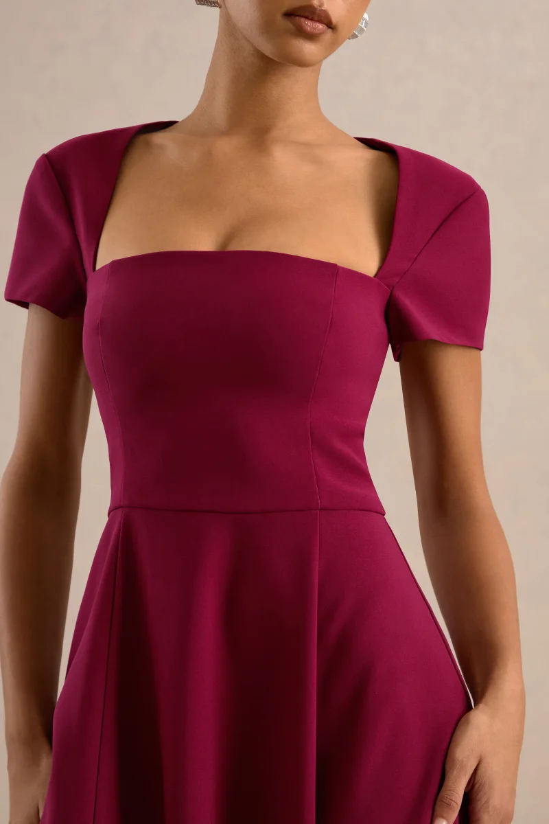 Donia | Vestido midi skater burdeos con escote cuadrado y manga corta - Imagen 6