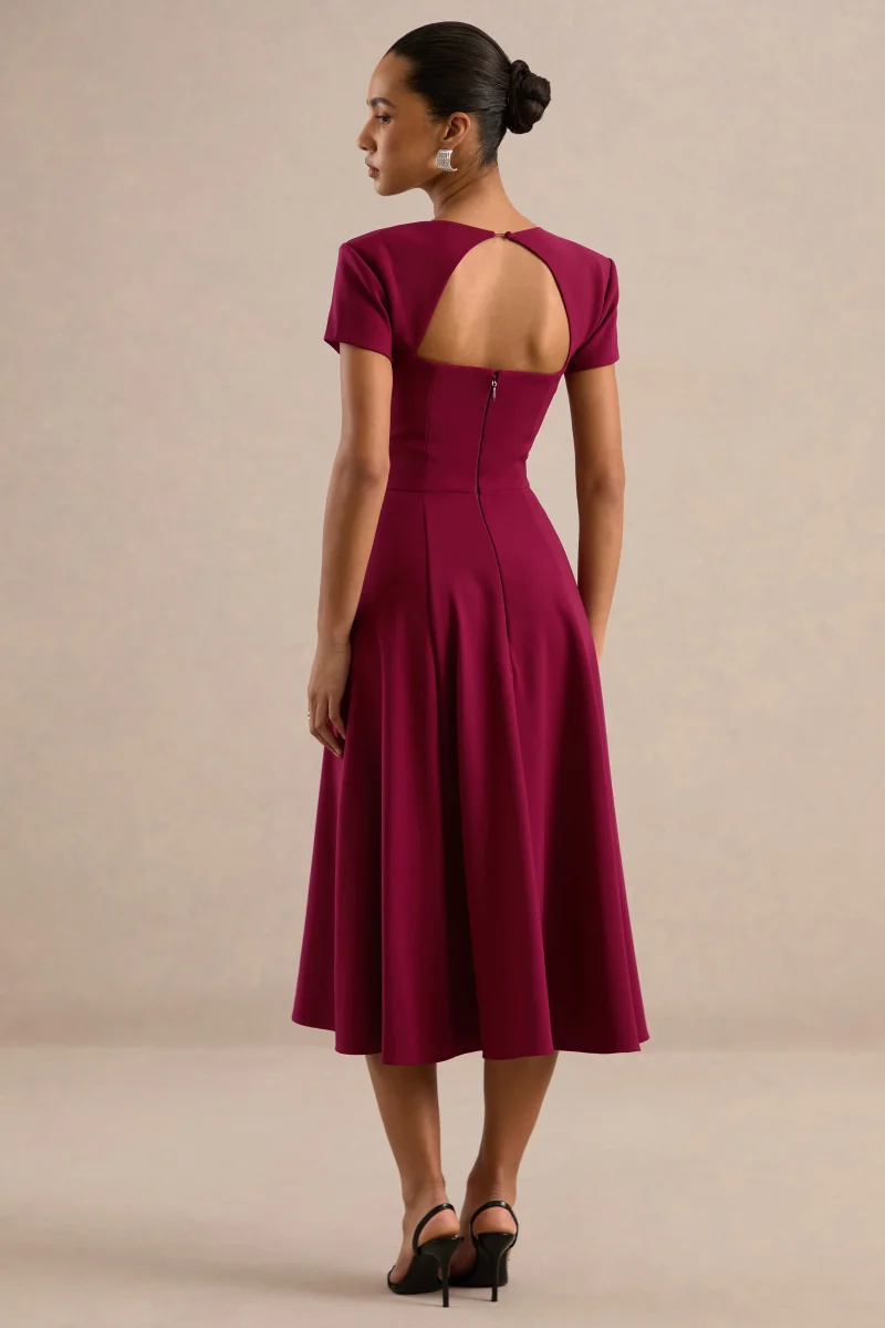 Donia | Vestido midi skater burdeos con escote cuadrado y manga corta - Imagen 3