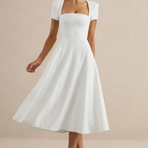 Donia | Vestido Midi Blanco De Línea A Con Escote Cuadrado