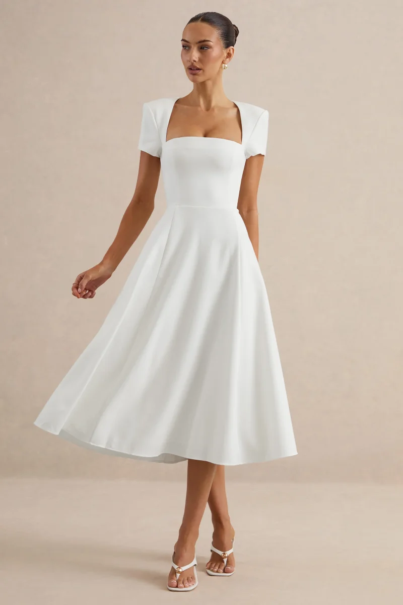 Donia | Vestido Midi Blanco De Línea A Con Escote Cuadrado