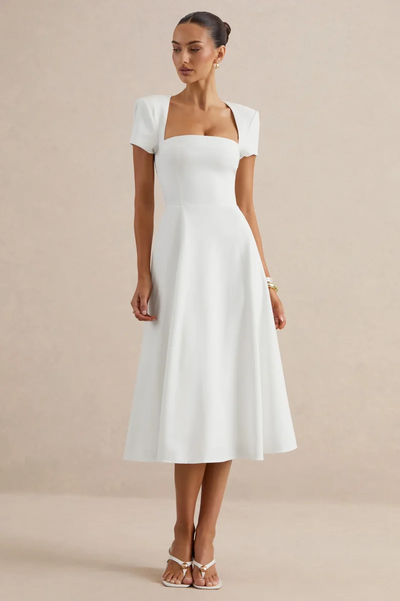 Donia | Vestido Midi Blanco De Línea A Con Escote Cuadrado - Imagen 5