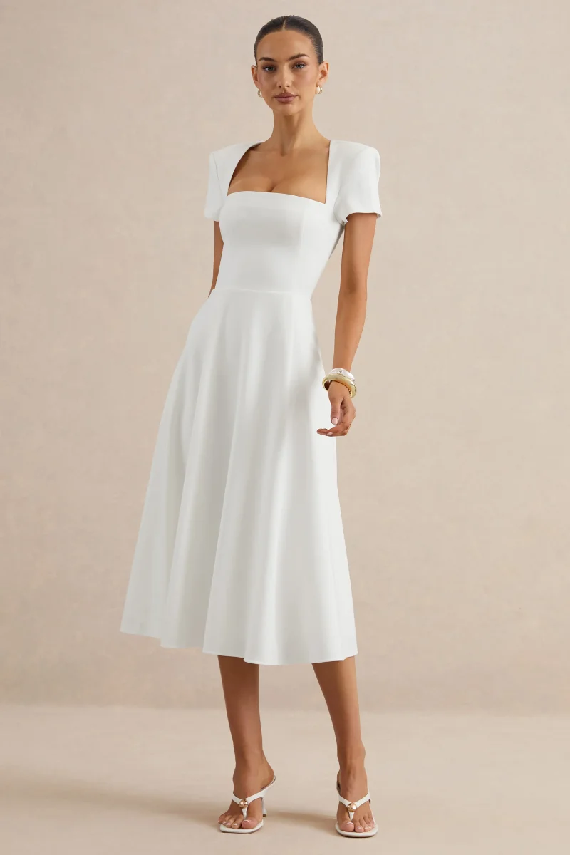 Donia | Vestido Midi Blanco De Línea A Con Escote Cuadrado - Imagen 6