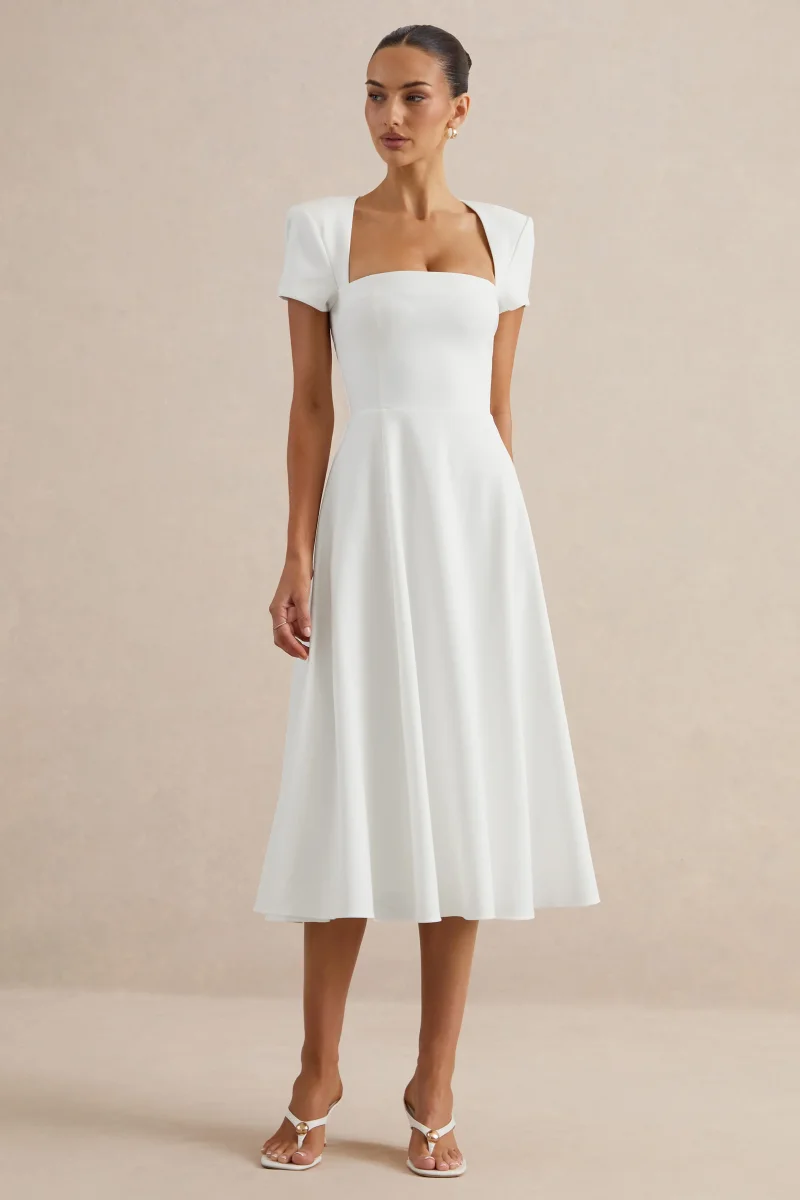 Donia | Vestido Midi Blanco De Línea A Con Escote Cuadrado - Imagen 7