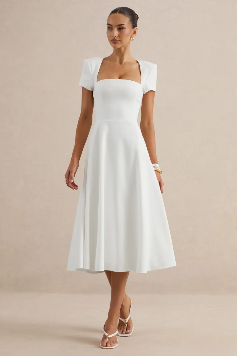 Donia | Vestido Midi Blanco De Línea A Con Escote Cuadrado - Imagen 8