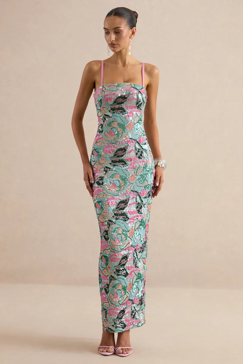 Xandra | Vestido Largo de Lentejuelas con Estampado Floral Azul Claro y Escote Palabra de Honor
