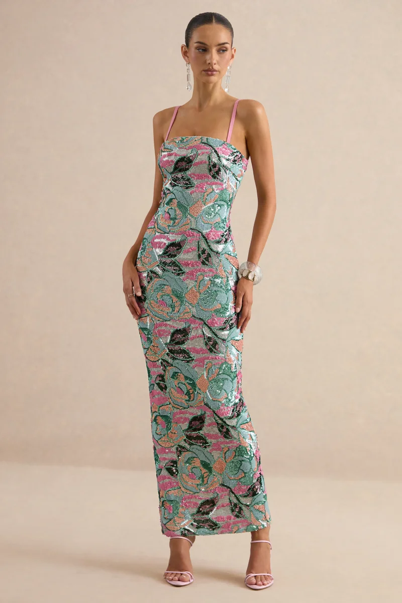 Xandra | Vestido Largo de Lentejuelas con Estampado Floral Azul Claro y Escote Palabra de Honor - Imagen 8