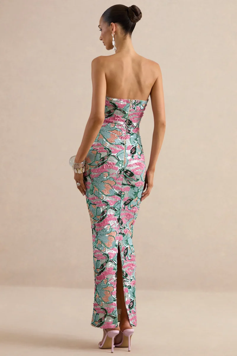 Xandra | Vestido Largo de Lentejuelas con Estampado Floral Azul Claro y Escote Palabra de Honor - Imagen 3