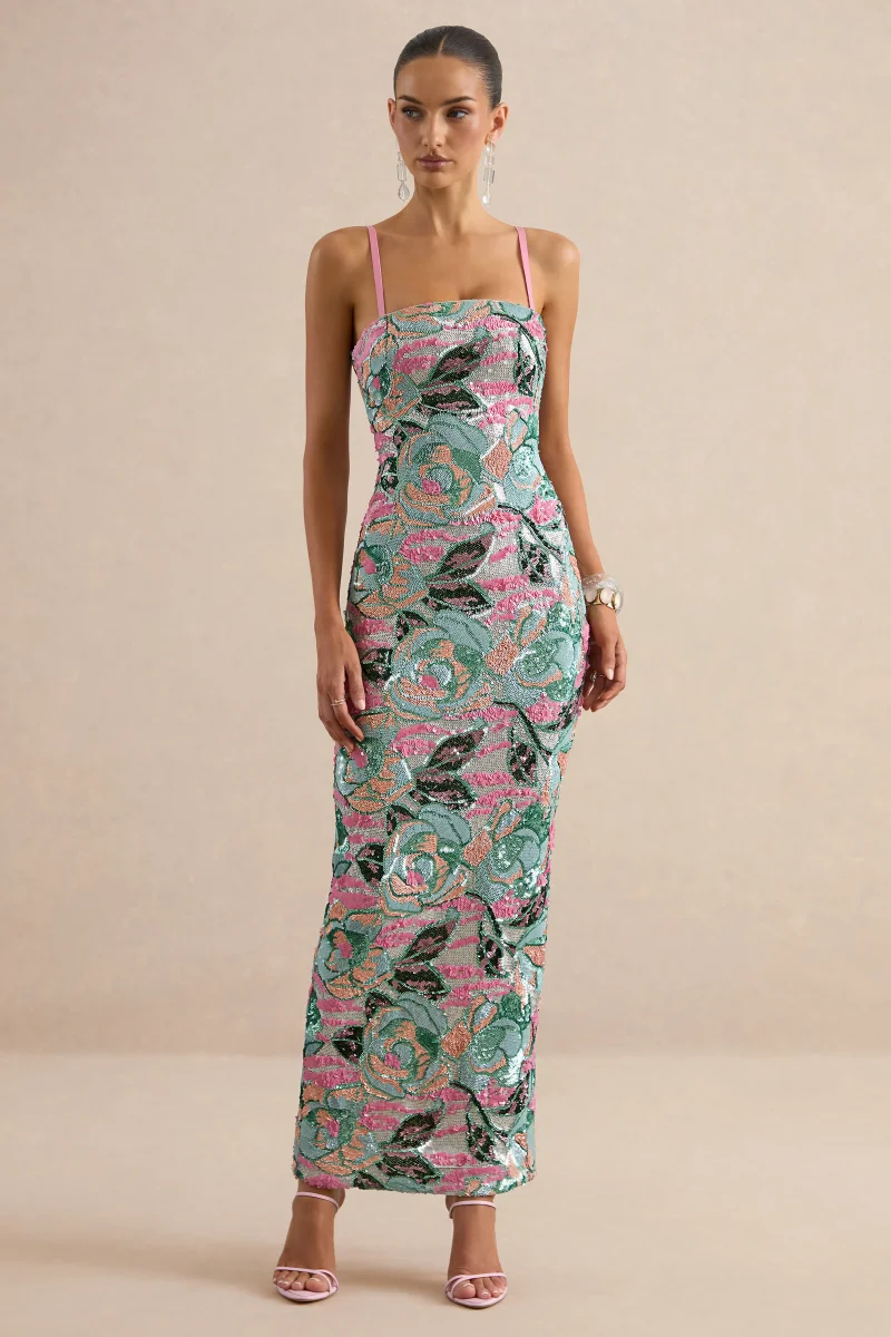 Xandra | Vestido Largo de Lentejuelas con Estampado Floral Azul Claro y Escote Palabra de Honor - Imagen 7