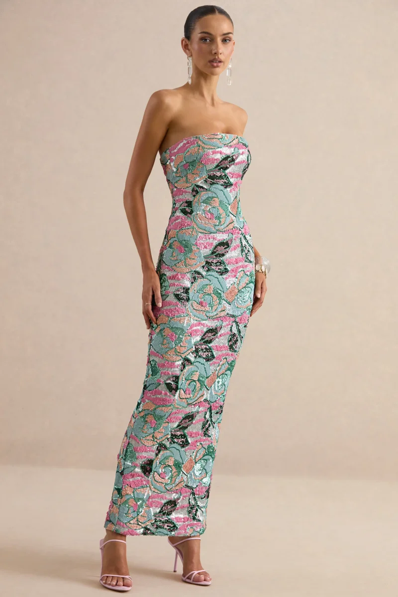 Xandra | Vestido Largo de Lentejuelas con Estampado Floral Azul Claro y Escote Palabra de Honor - Imagen 5