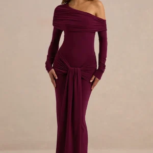 Avonlea | Vestido Largo Burdeos Con Escote Asimétrico Y Detalle Fruncido