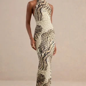 Arlise | Vestido maxi con estampado animal en marrón y cuello halter
