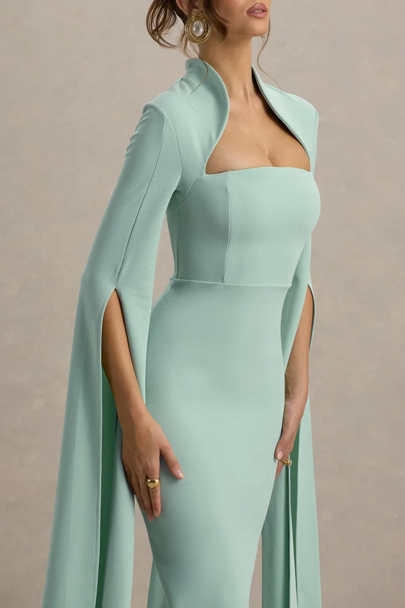 Linden | Vestido Midi Verde Claro Bodycon Con Mangas Capa - Imagen 5