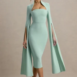 Linden | Vestido Midi Verde Claro Bodycon Con Mangas Capa