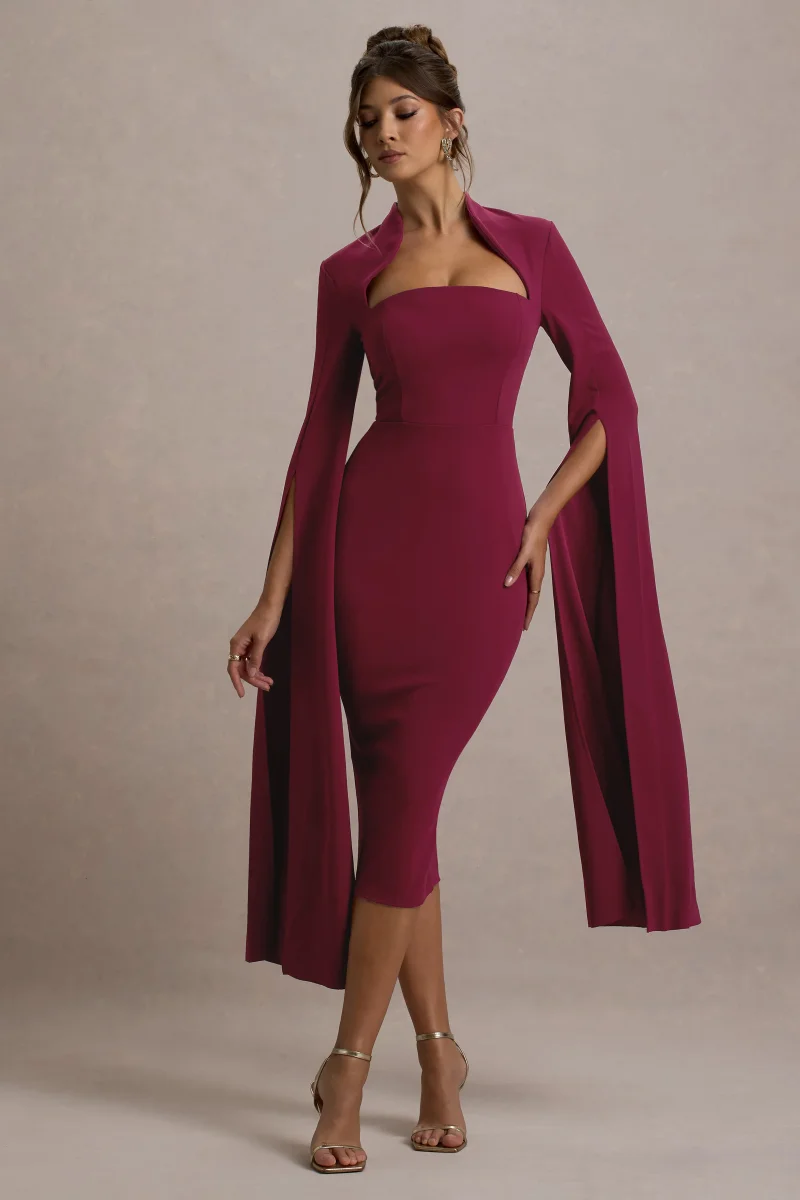 Linden | Vestido Midi Baya Bodycon Con Mangas Capa - Imagen 4