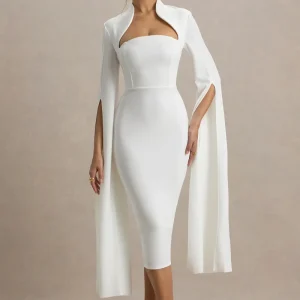 Linden | Vestido Midi Blanco Bodycon Con Mangas Capa