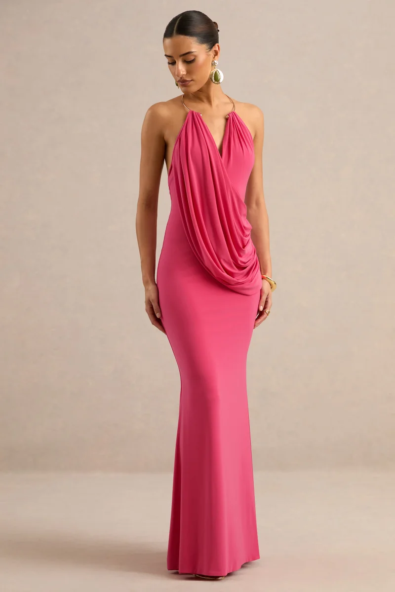 Dinara | Vestido largo coral con escote halter, detalle drapeado y detalle dorado - Imagen 4