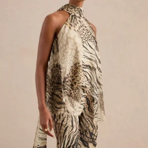 Yarae | Top Marrón De Gasa Con Estampado Animal Print Y Cuello Halter