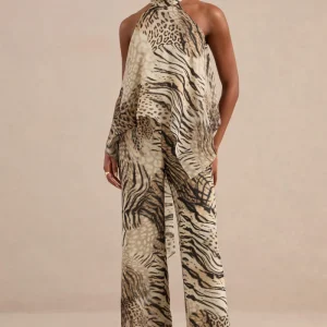 Yarae | Pantalón Marrón De Gasa Con Estampado Animal Print