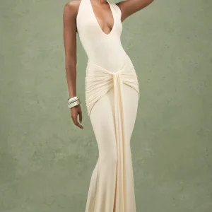 Avalie | Vestido maxi en crema con escote pronunciado y detalle de frunces