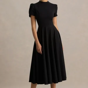 Vicky | Vestido Midi Negro Con Cuello Alto Y Mangas Farol