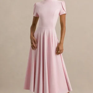 Vicky | Vestido Midi Rosa Claro Con Cuello Alto Y Mangas Abullonadas