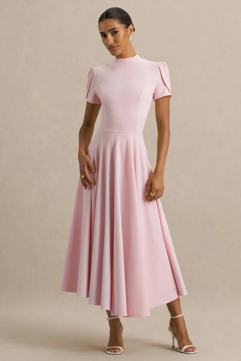 Vicky | Vestido Midi Rosa Claro Con Cuello Alto Y Mangas Abullonadas