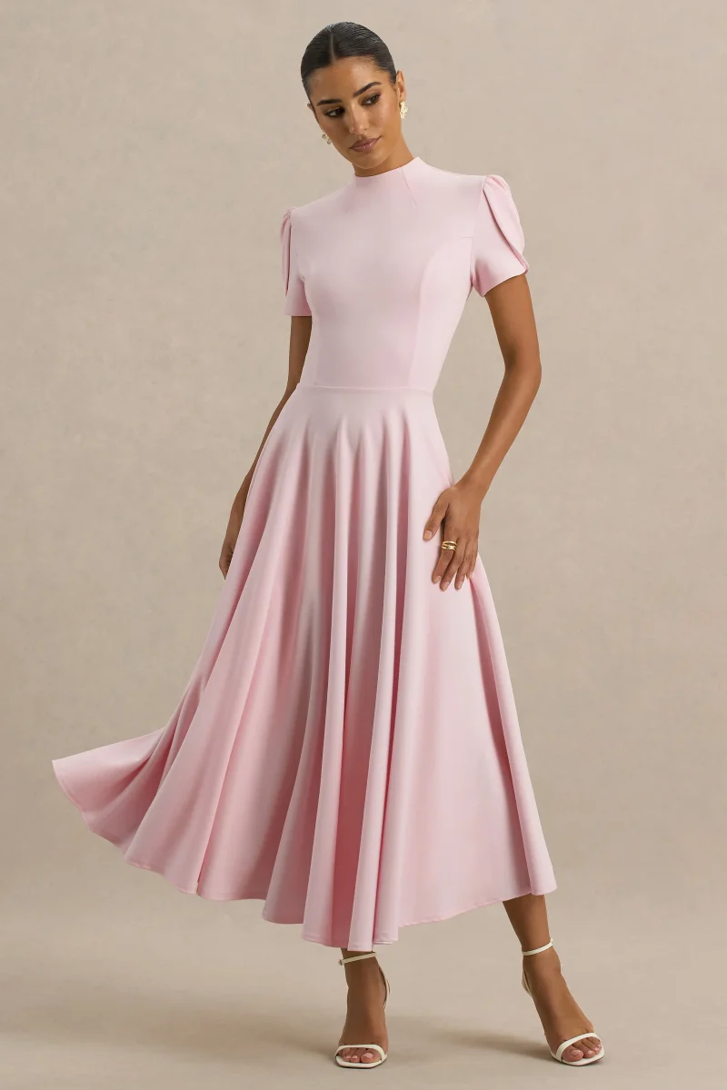 Vicky | Vestido Midi Rosa Claro Con Cuello Alto Y Mangas Abullonadas - Imagen 4
