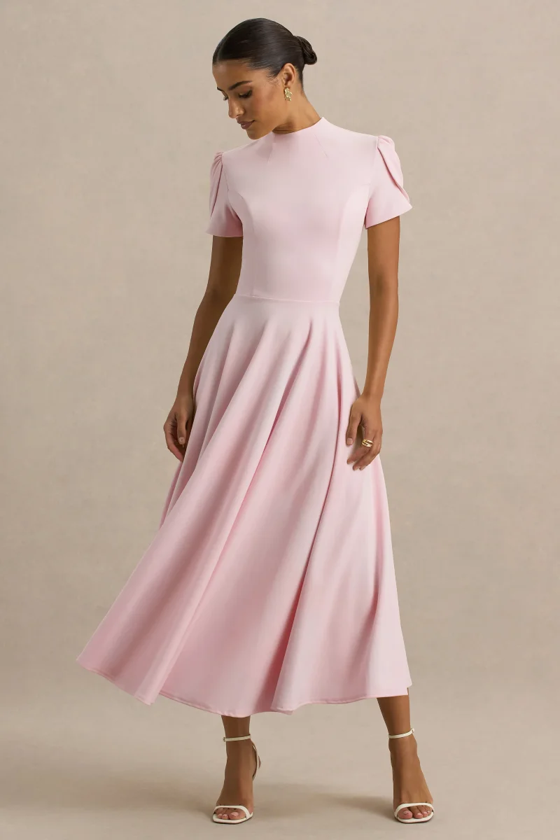 Vicky | Vestido Midi Rosa Claro Con Cuello Alto Y Mangas Abullonadas - Imagen 6