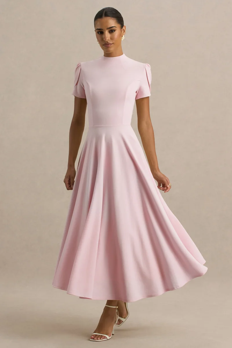 Vicky | Vestido Midi Rosa Claro Con Cuello Alto Y Mangas Abullonadas - Imagen 7