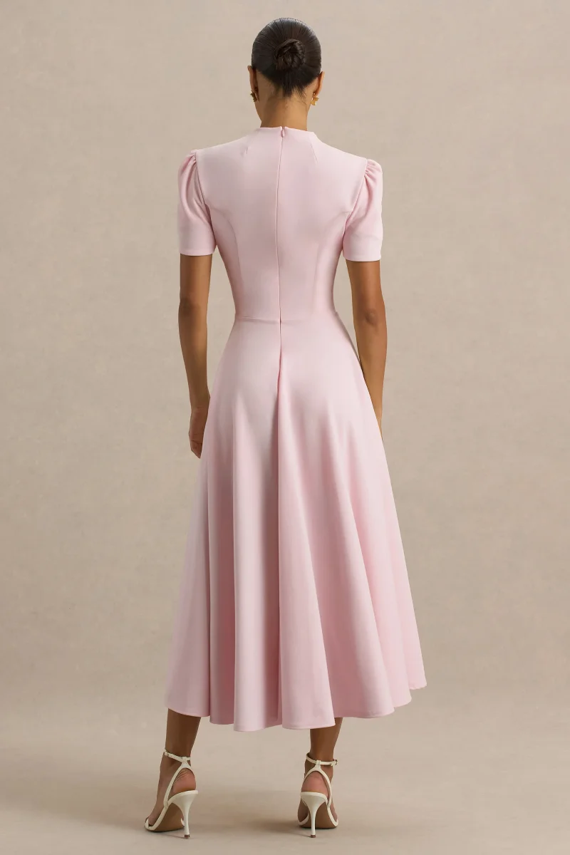 Vicky | Vestido Midi Rosa Claro Con Cuello Alto Y Mangas Abullonadas - Imagen 3