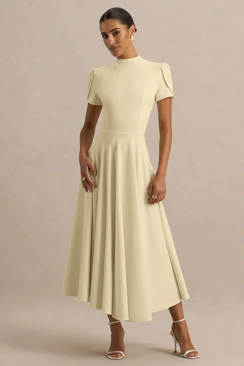 Vicky | Vestido Midi Amarillo Limón Con Cuello Alto Y Manga Abullonada - Imagen 2
