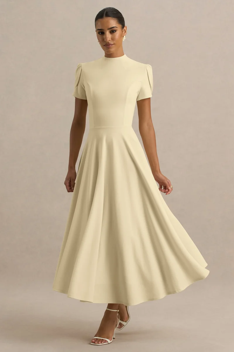 Vicky | Vestido Midi Amarillo Limón Con Cuello Alto Y Manga Abullonada - Imagen 5