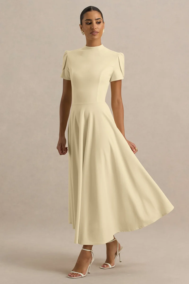 Vicky | Vestido Midi Amarillo Limón Con Cuello Alto Y Manga Abullonada - Imagen 6