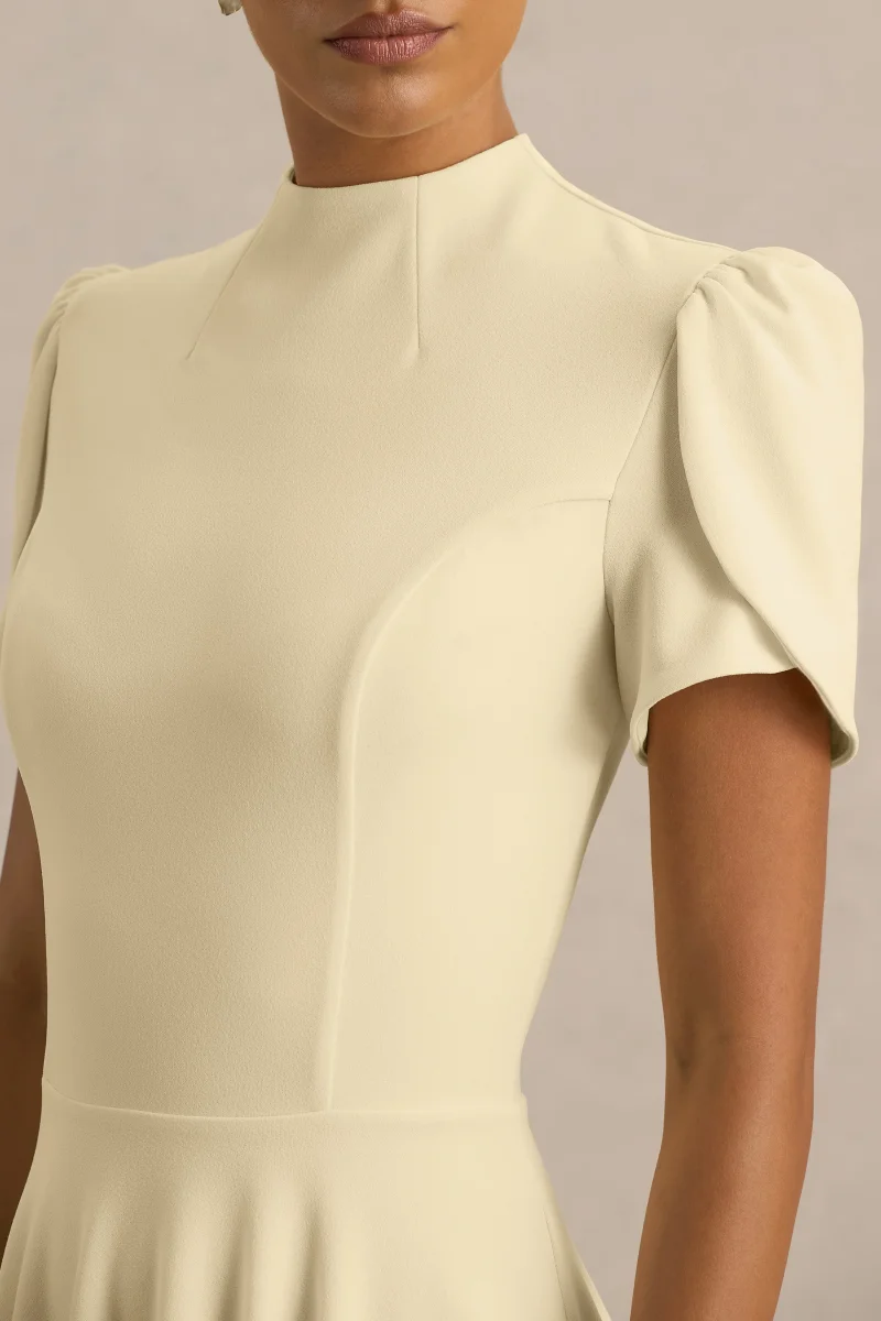 Vicky | Vestido Midi Amarillo Limón Con Cuello Alto Y Manga Abullonada - Imagen 4