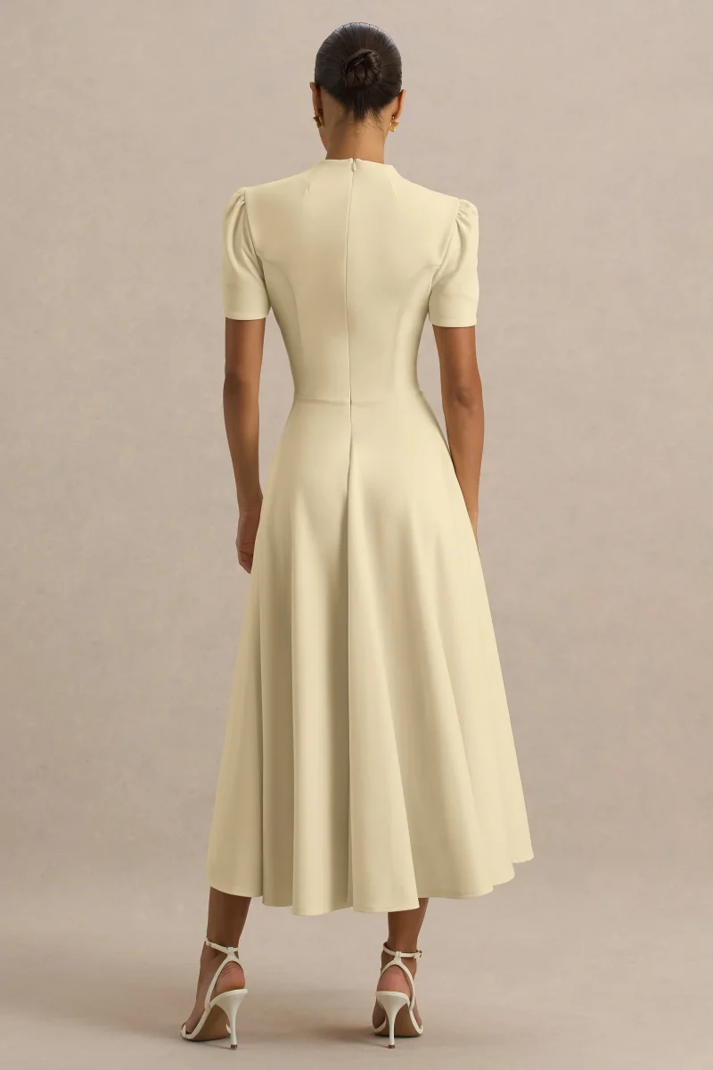 Vicky | Vestido Midi Amarillo Limón Con Cuello Alto Y Manga Abullonada - Imagen 3