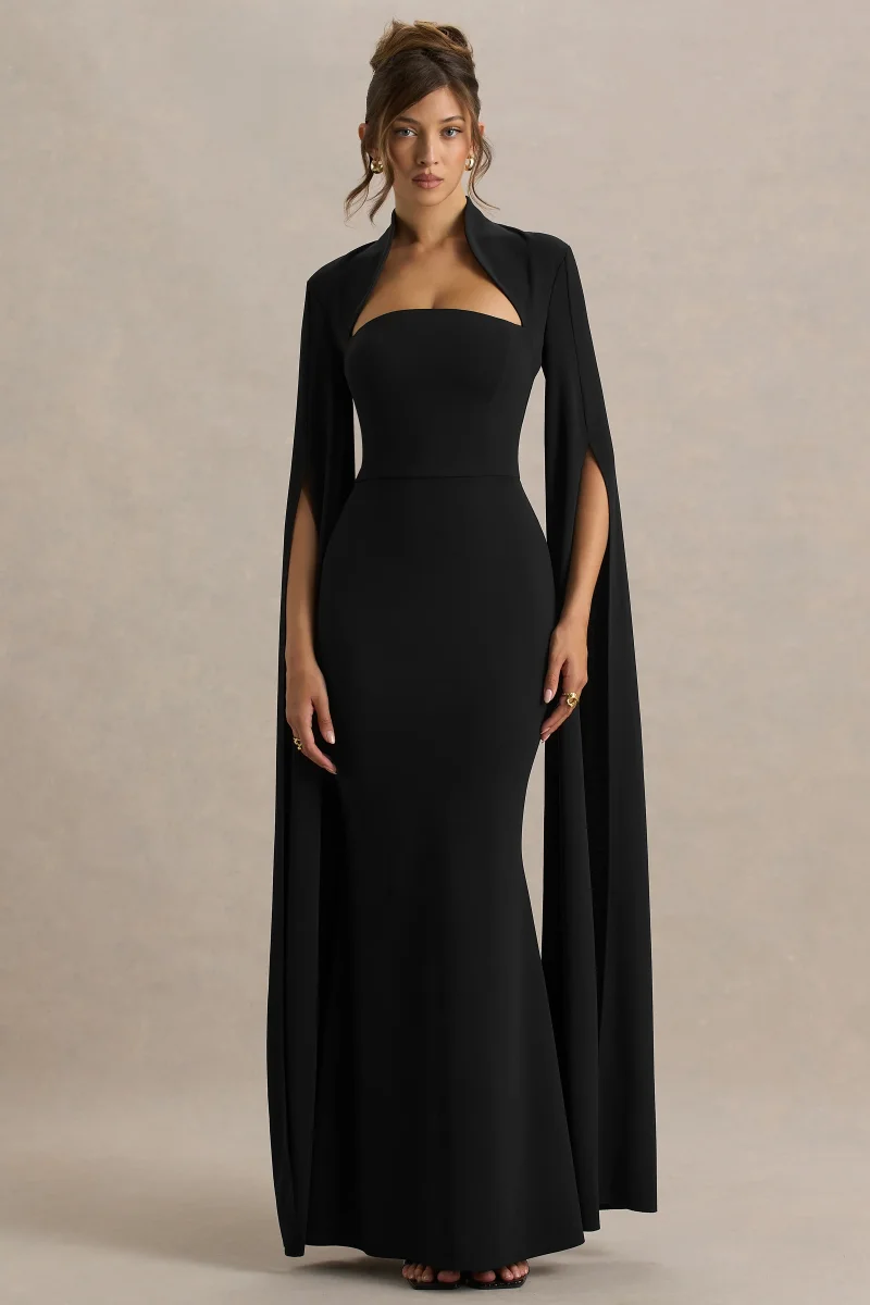 Esme | Vestido Largo Negro Con Escote Cuadrado Y Mangas Capa - Imagen 2