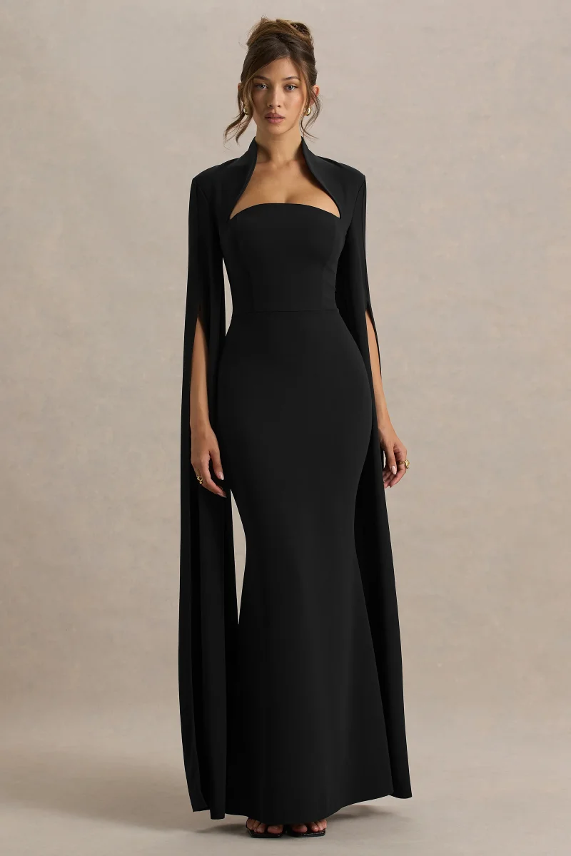 Esme | Vestido Largo Negro Con Escote Cuadrado Y Mangas Capa - Imagen 6