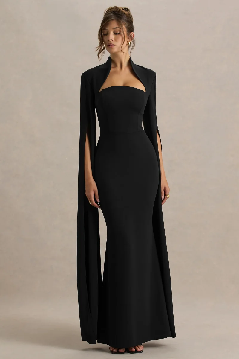 Esme | Vestido Largo Negro Con Escote Cuadrado Y Mangas Capa - Imagen 5