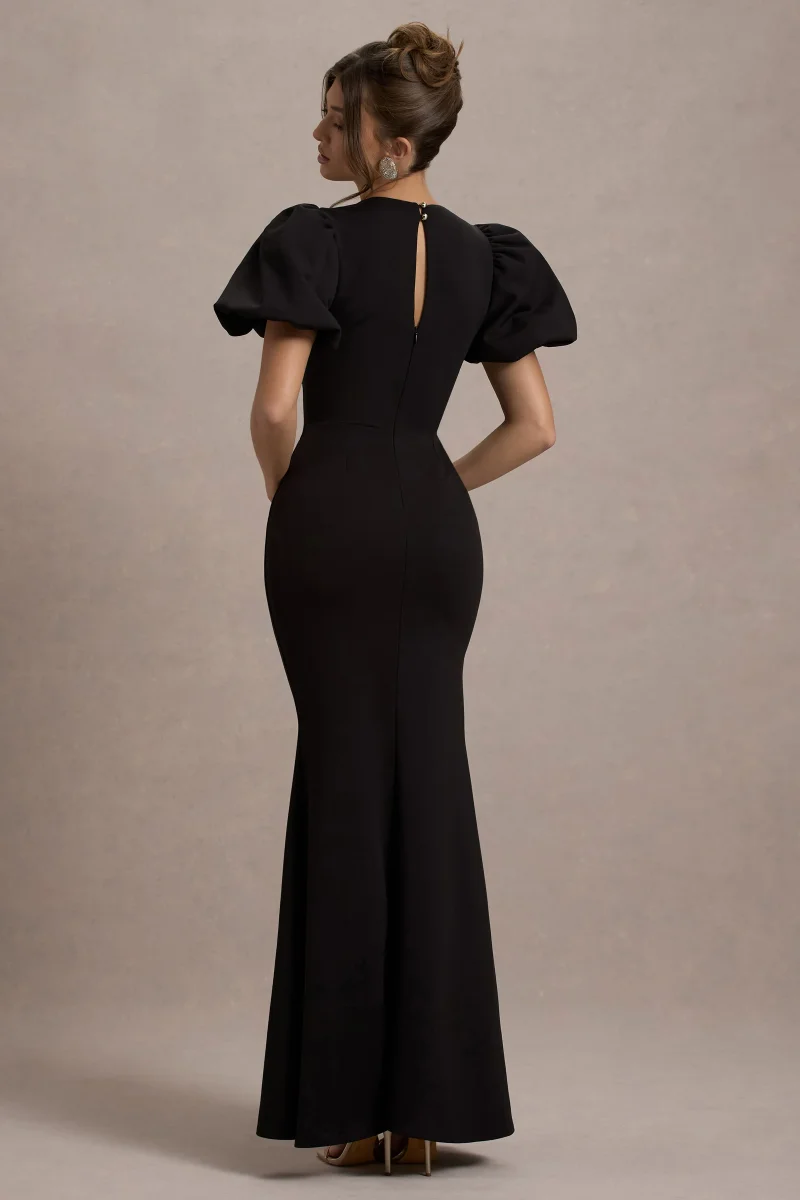 Love Letters | Vestido Largo Negro Con Mangas Farol - Imagen 3