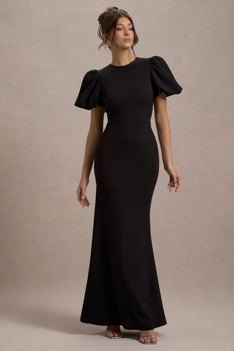 Love Letters | Vestido Largo Negro Con Mangas Farol - Imagen 2