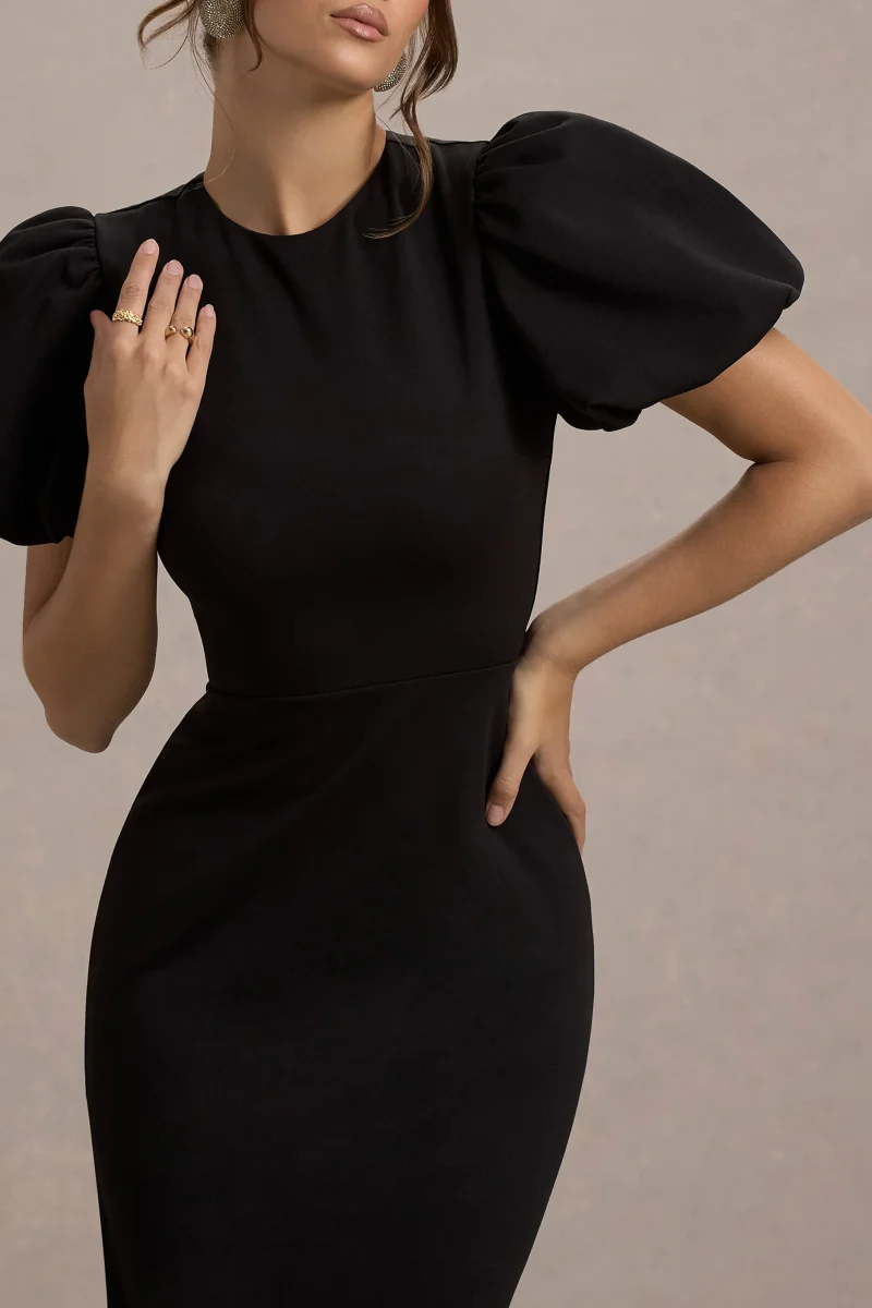 Love Letters | Vestido Largo Negro Con Mangas Farol - Imagen 4